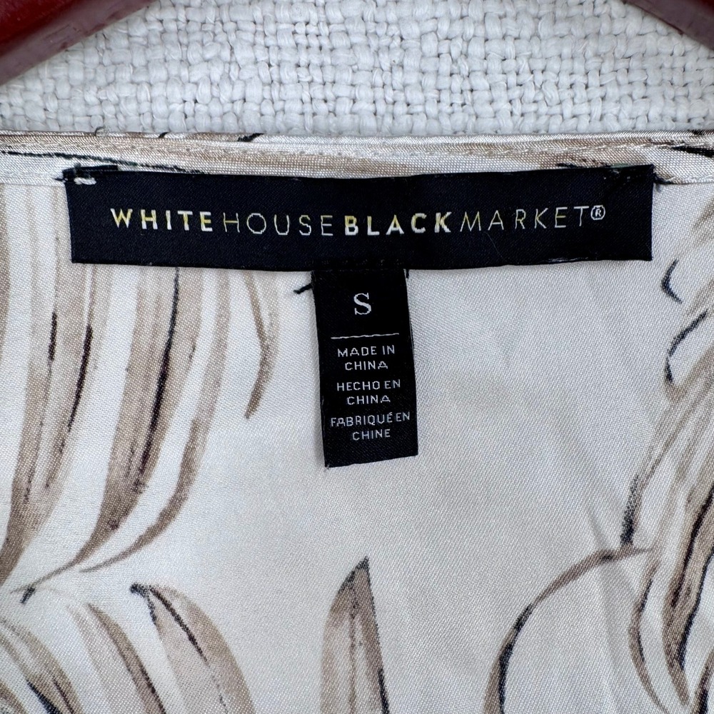 White House Black Market Palm Print Satin Peplum Blouse Bell Sleeve Neutral Boho - Picture 2 of 11